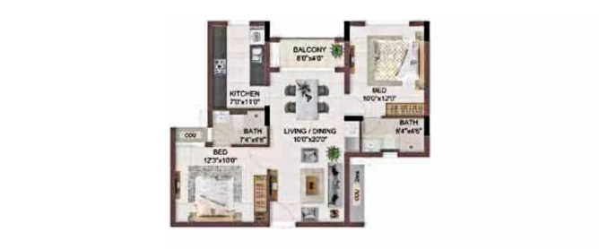 Casagrand Flagship Pallikaranai - Floor plan 2 BHK 1150 Sq.ft