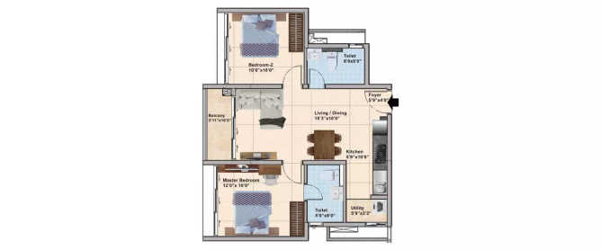 TVS Emerald Elements Kovilambakkam - Floor plan 2 BHK 1058 Sq.ft