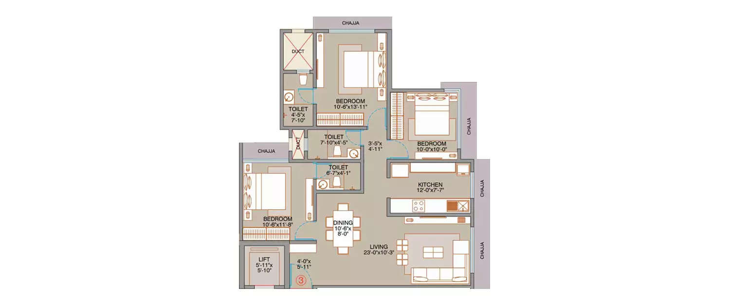 3 BHK Apartment 912 Sq.ft