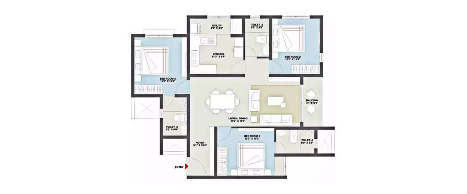 Floor plan for 3 BHK