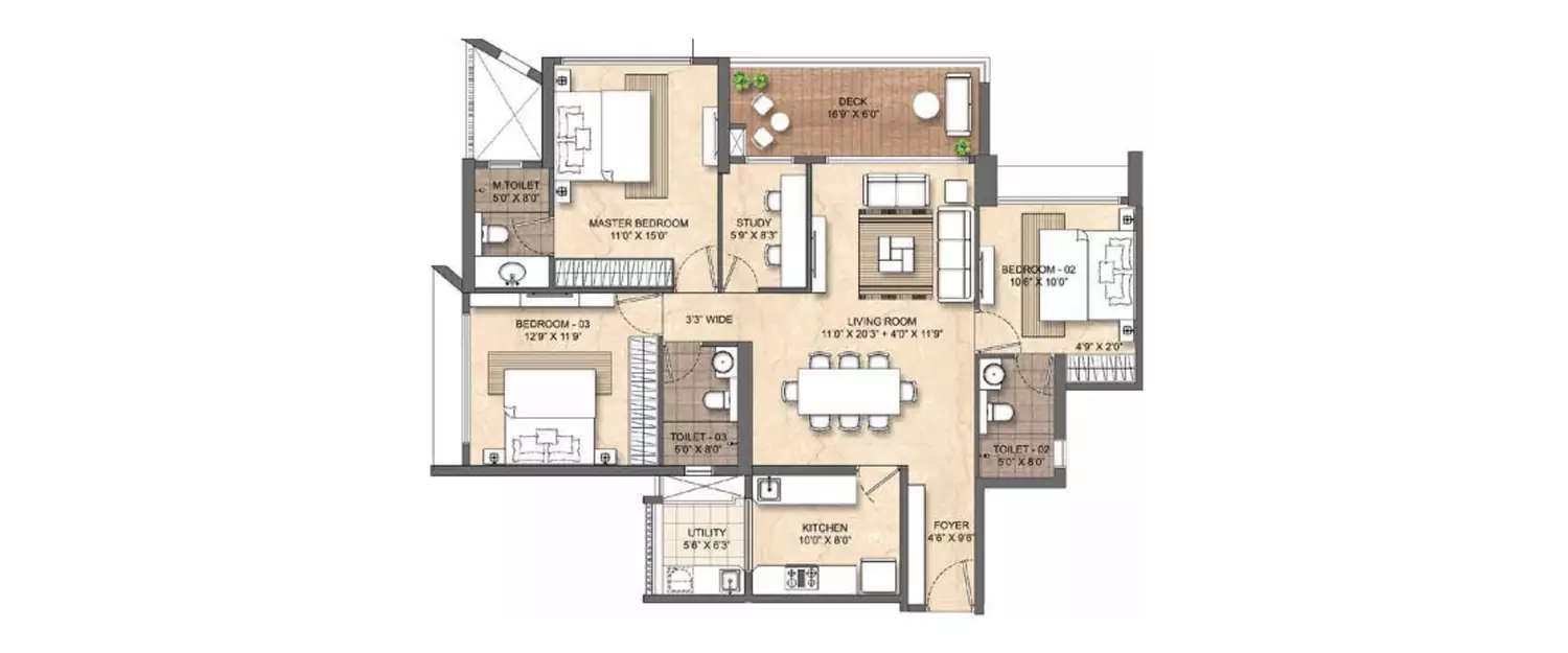 Floor plan for 3 BHK