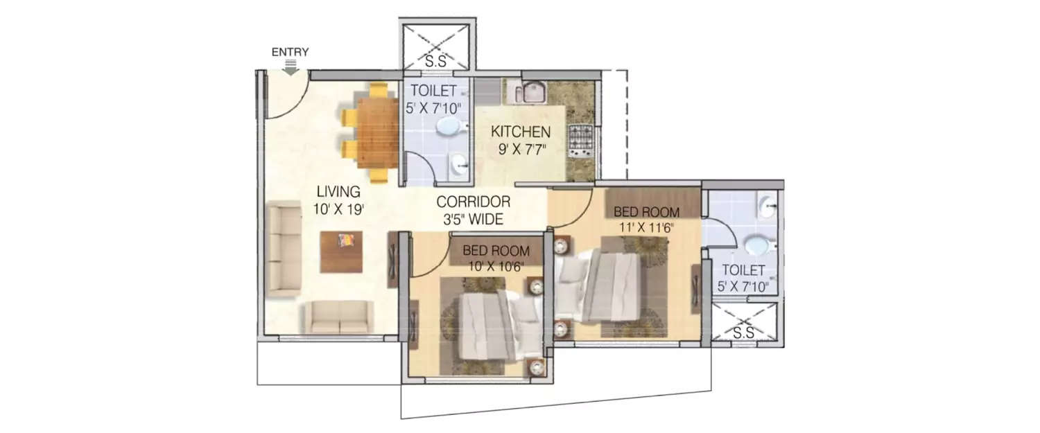 2 BHK Apartment 1107 Sq.ft