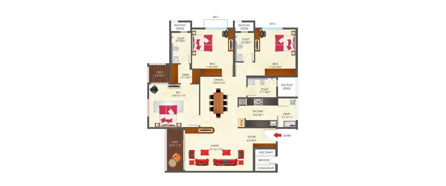 Floor plan for 3 BHK