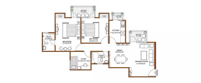 Vardhman Flora Byculla - Floor plan 2 BHK 813 Sq.ft