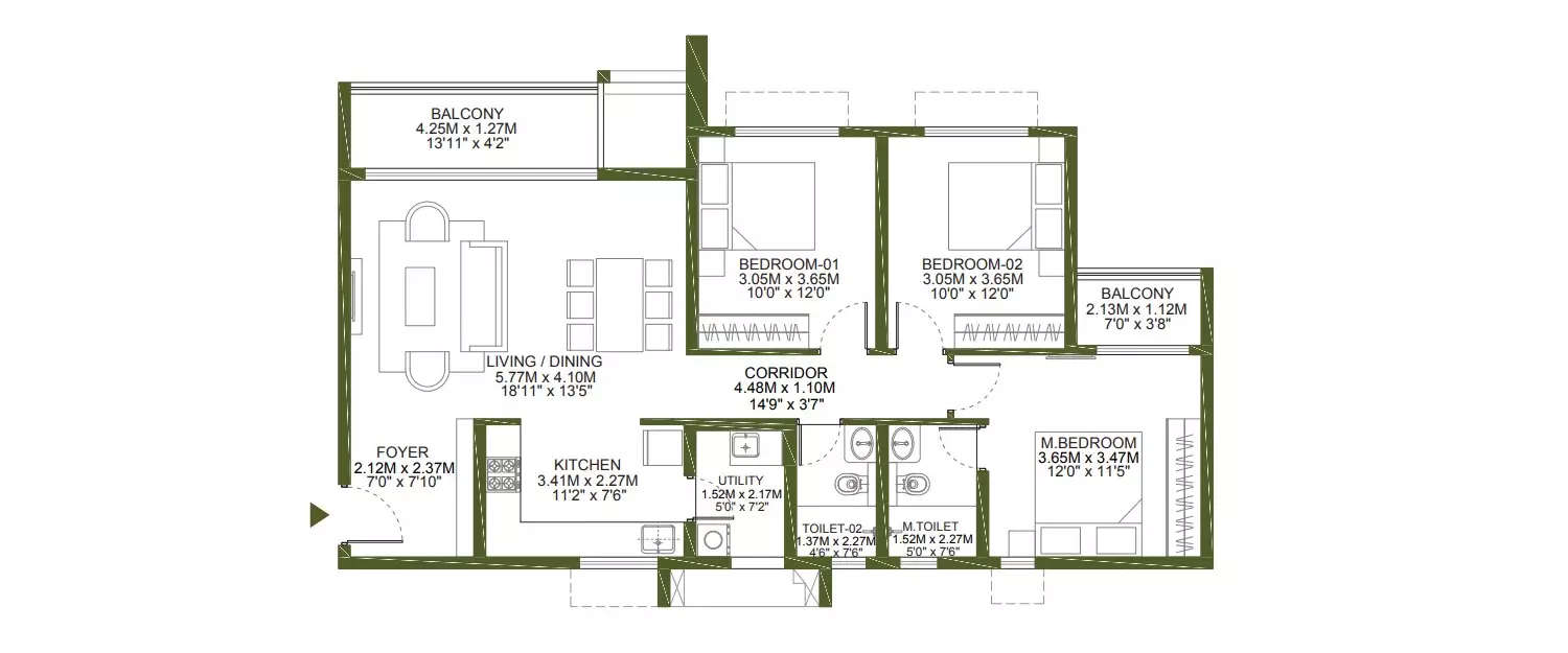 Floor plan for 3 BHK