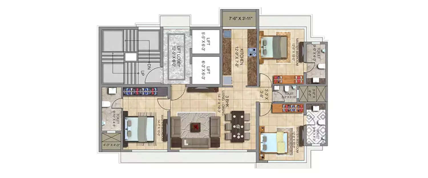 Floor plan for 3 BHK
