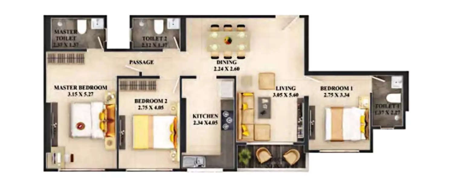Floor plan for 3 BHK
