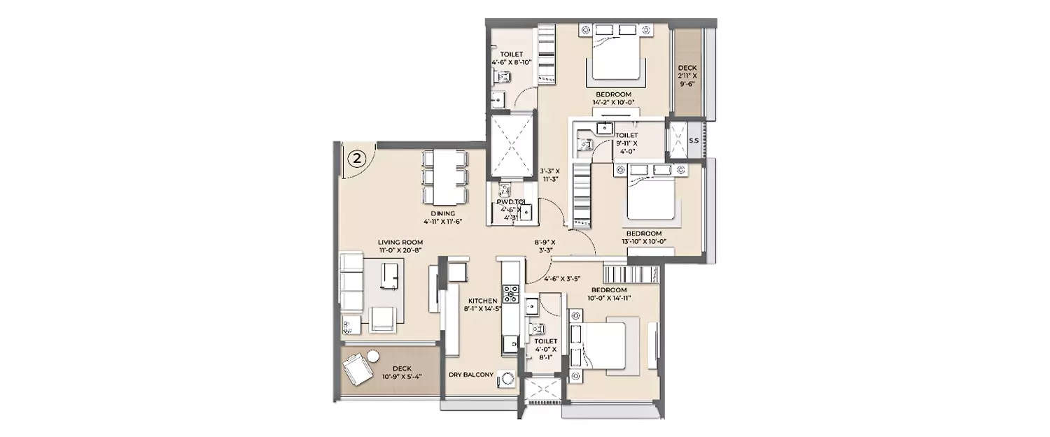 Floor plan for 3 BHK