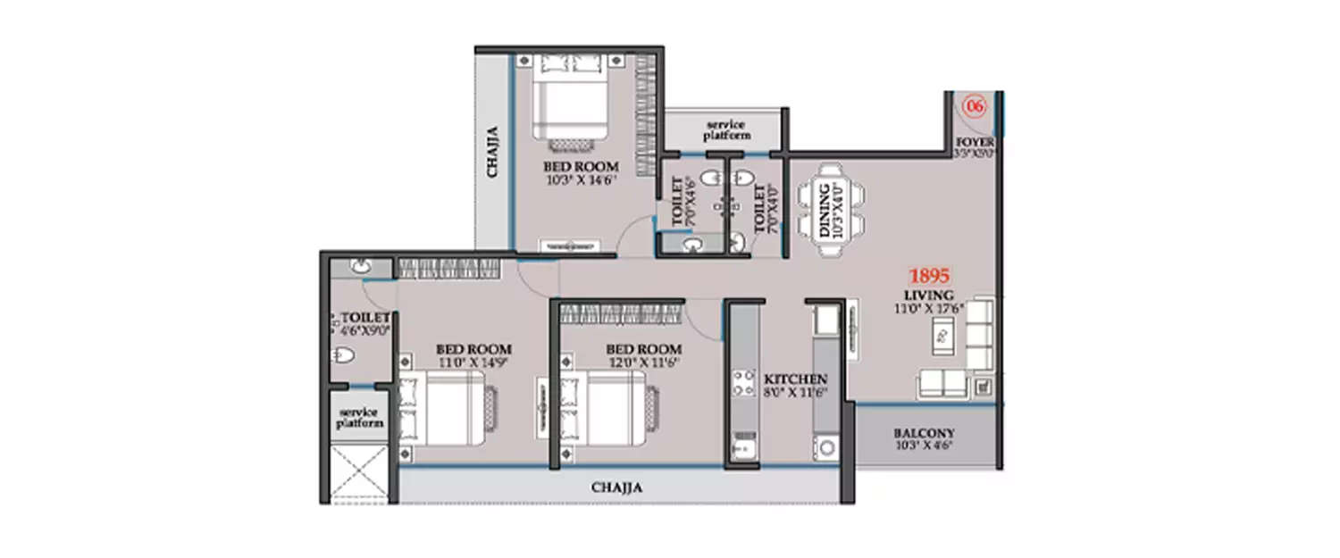 Floor plan for 3 BHK