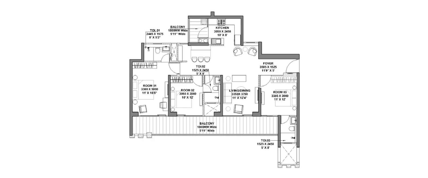 Floor plan for 3 BHK