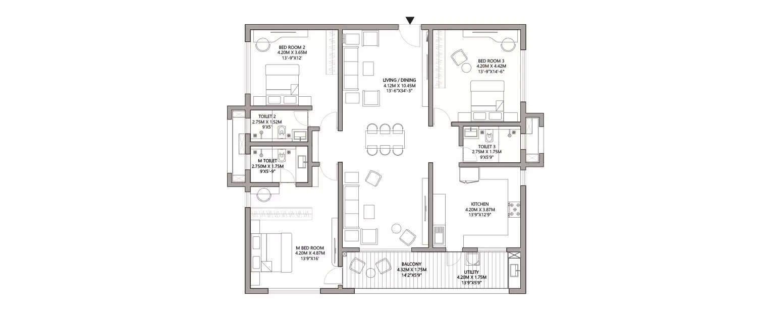 Floor plan for 3 BHK
