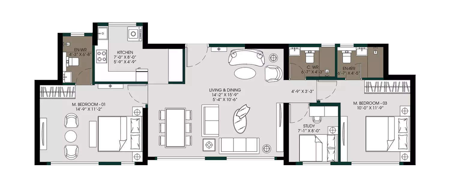 Floor plan for 3 BHK