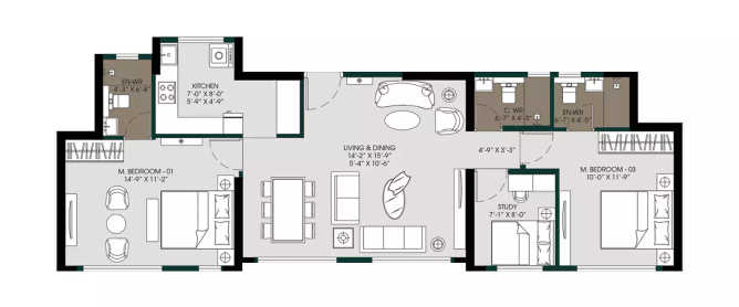 MICL Aaradhya Parkwood Mira Bhayandar - Floor plan 3 BHK 846 Sq.ft