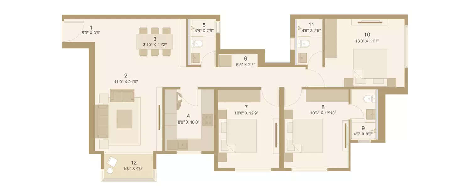 Floor plan for 3 BHK