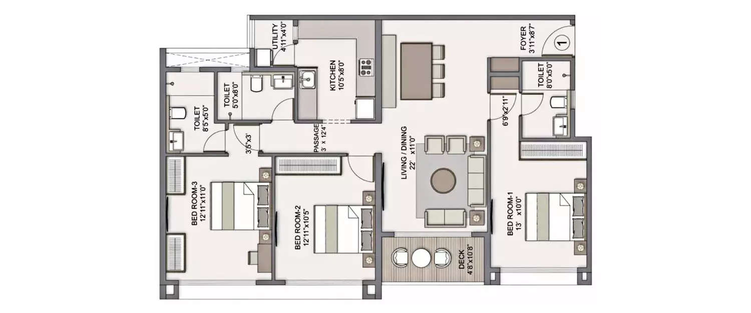 Floor plan for 3 BHK