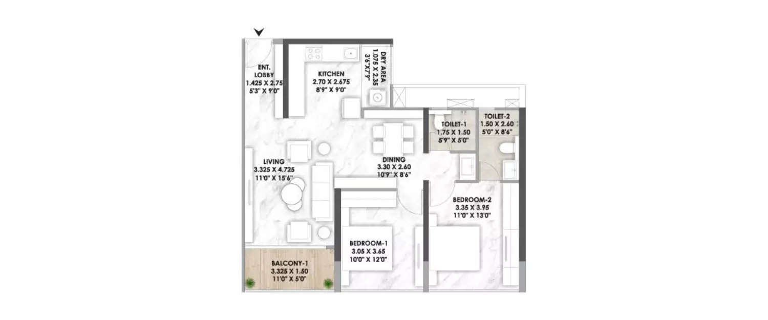 Floor plan for 2 BHK