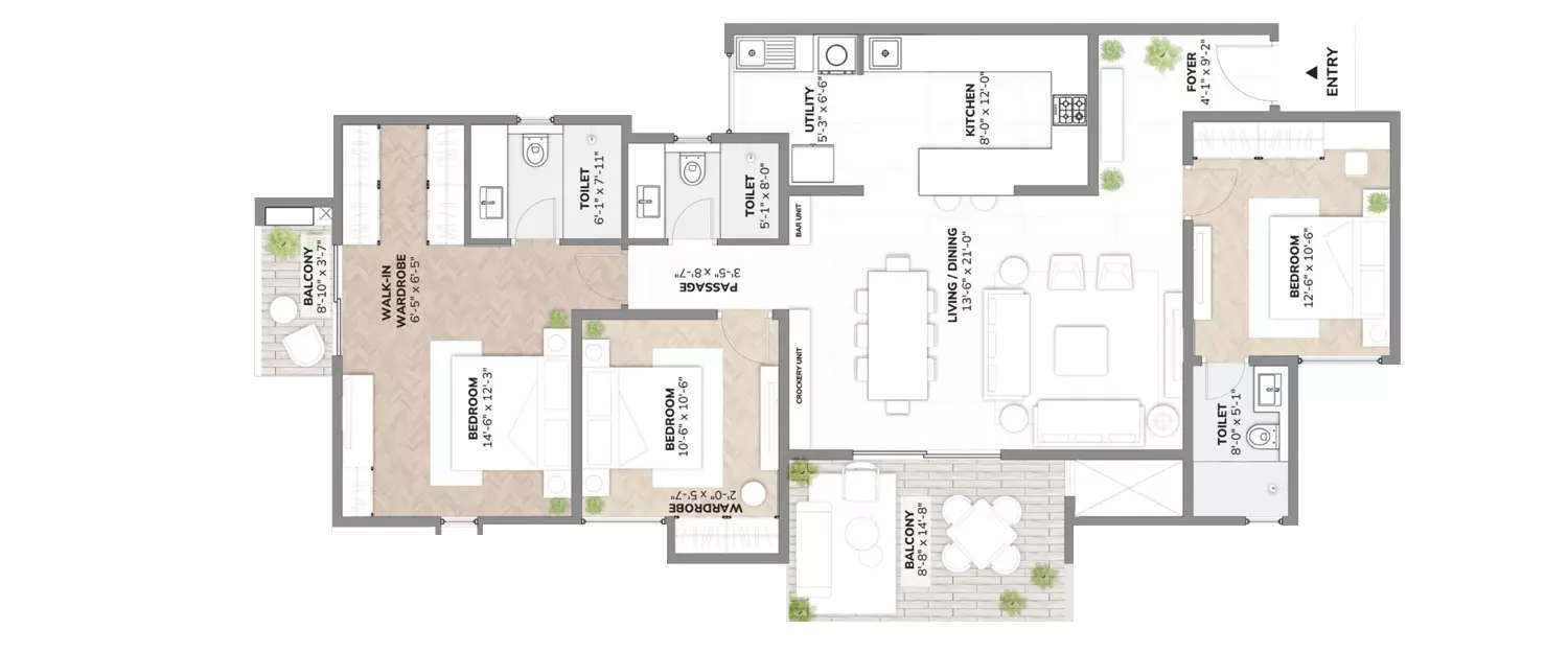 Floor plan for 3 BHK
