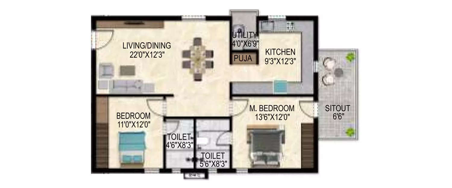 Floor plan for 2 BHK