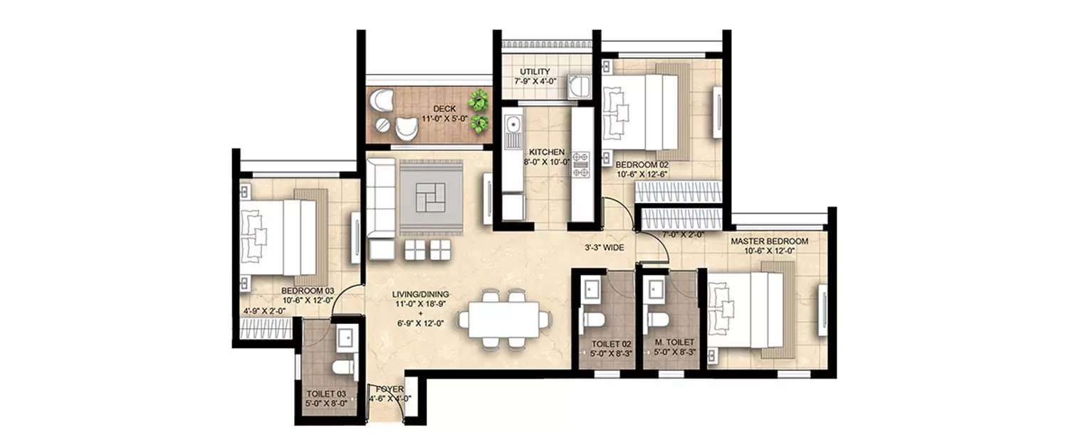 Floor plan for 3 BHK