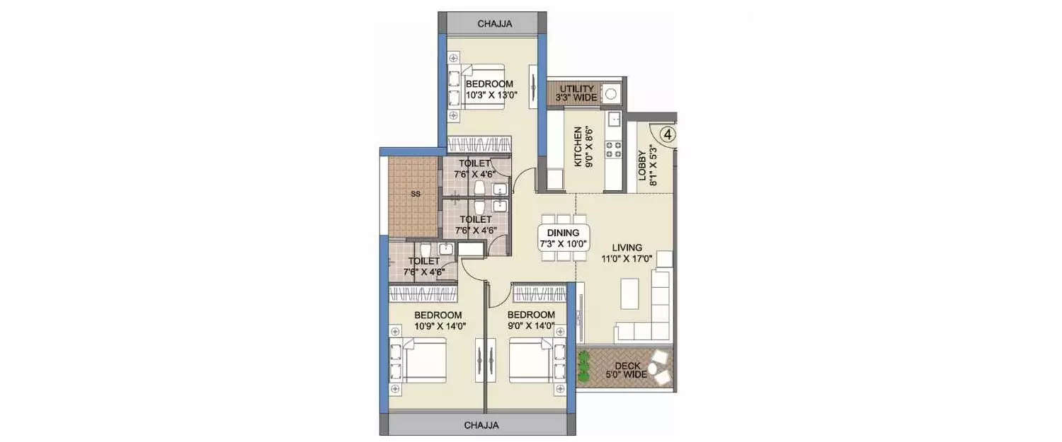 Floor plan for 3 BHK