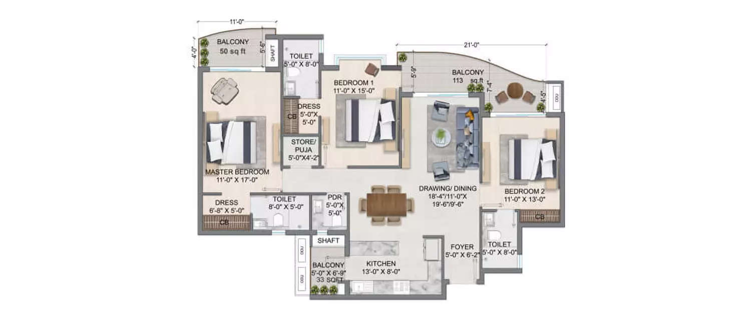 Floor plan for 3 BHK