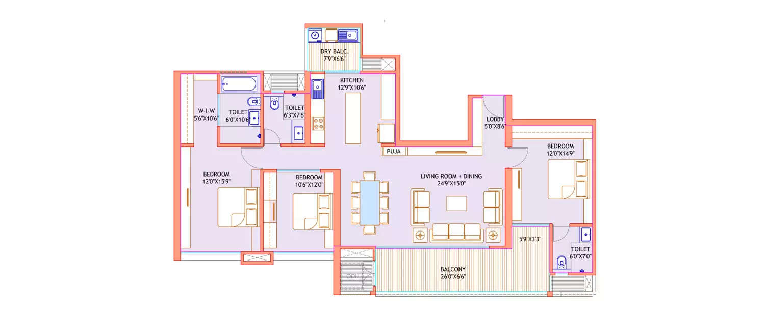 Floor plan for 3 BHK