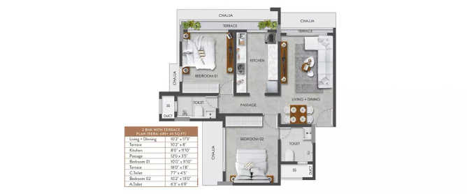 Paradigm Artteza Santacruz - Floor plan 2 BHK 730 Sq.ft