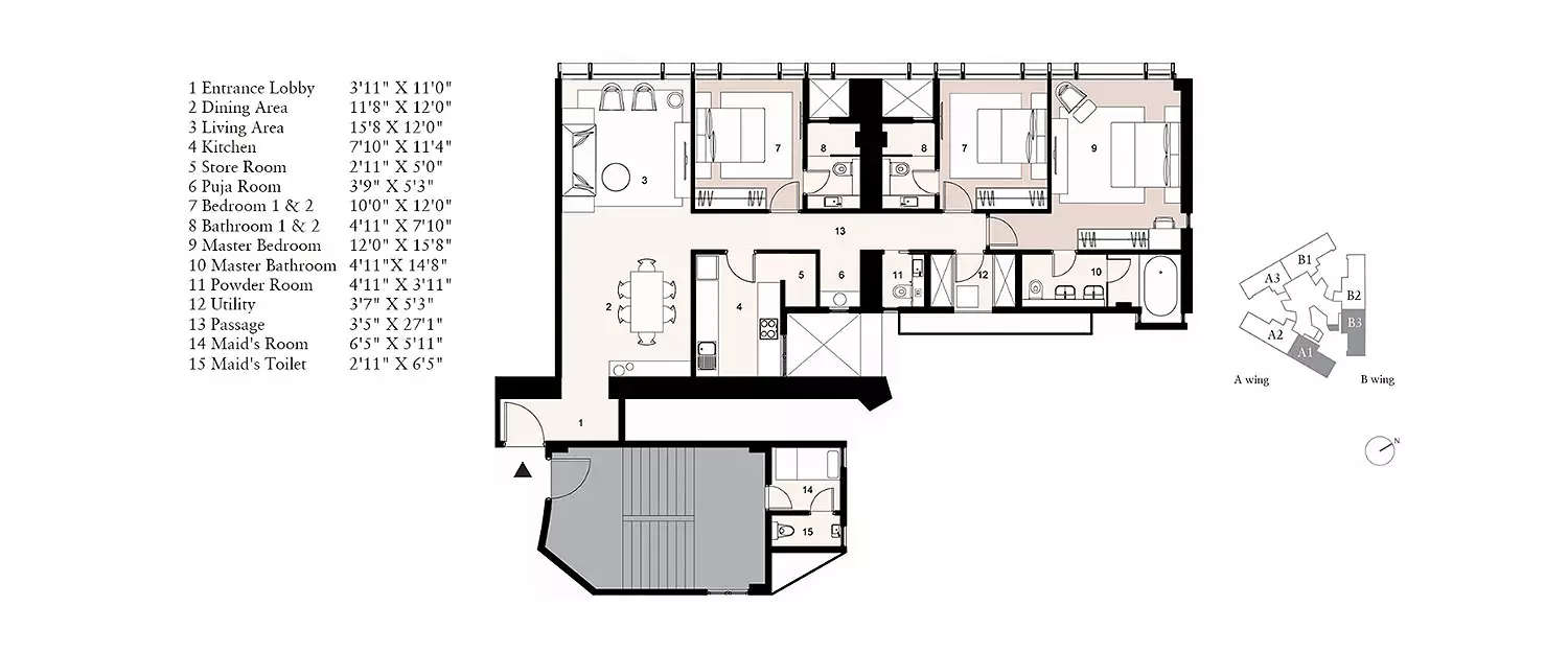 Floor plan for 3 BHK