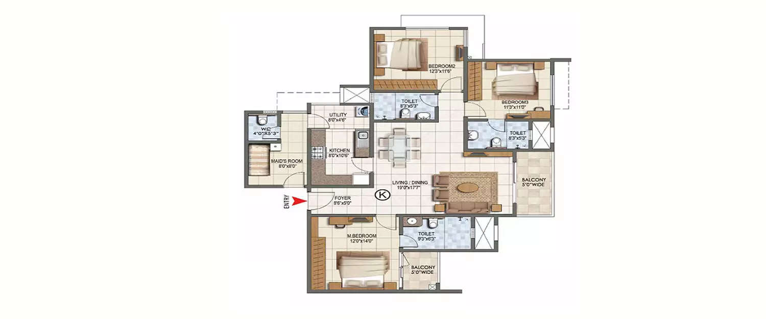 Floor plan for 3 BHK