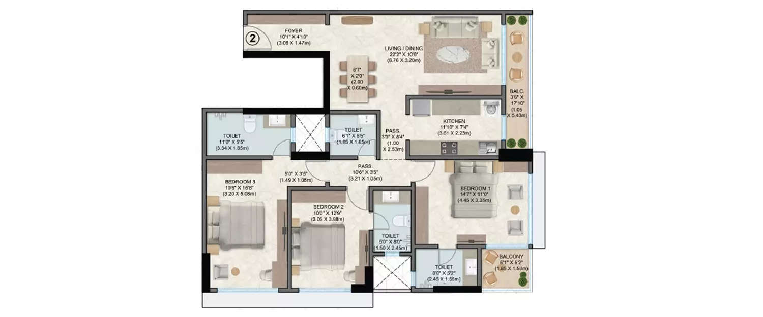 Floor plan for 3 BHK
