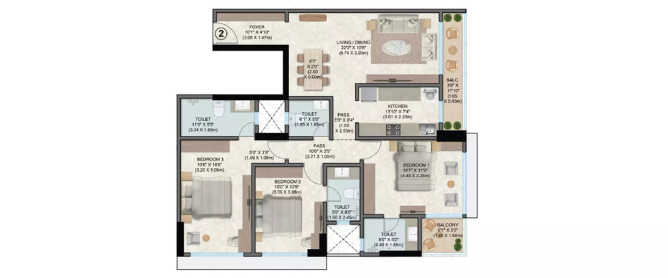Platinum Solitaire Vile Parle - Floor plan 3 BHK 1265 Sq.ft