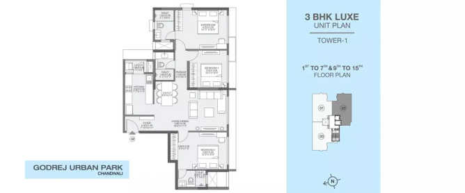 Godrej Urban Park Chandivali - Floor plan 3 BHK 916 Sq.ft