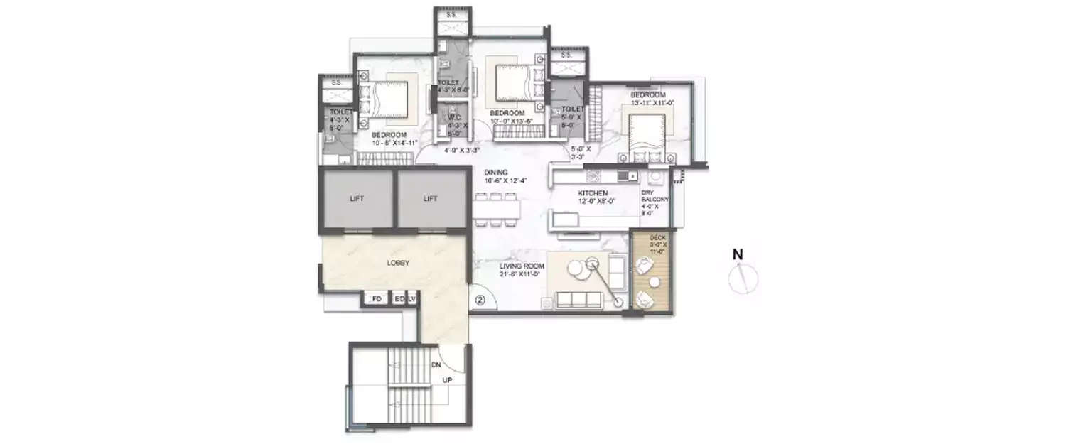Floor plan for 3 BHK