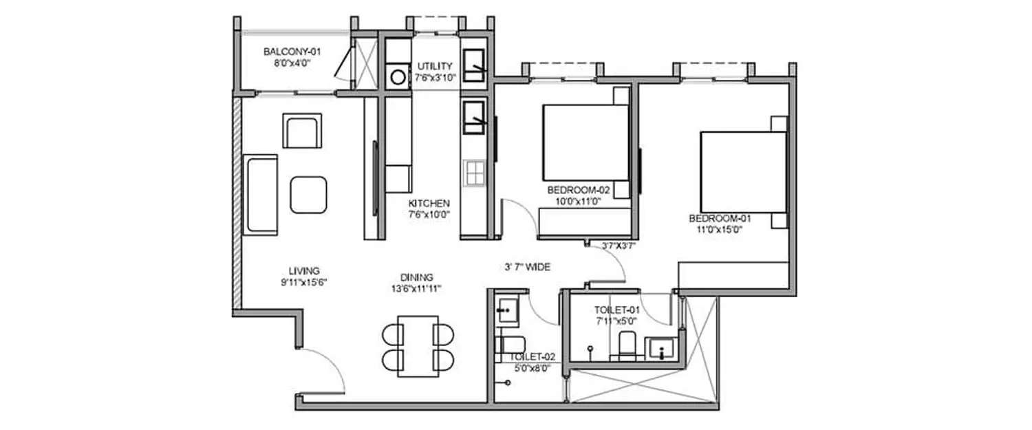 Floor plan for 2 BHK