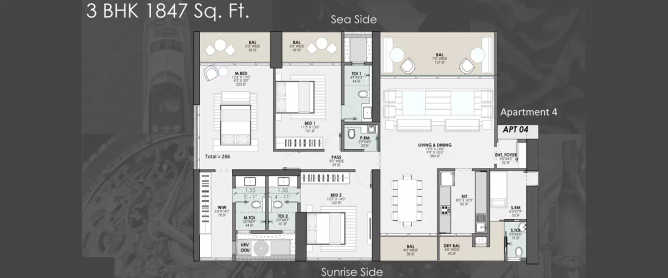 Sugee Marina Bay Worli - Floor plan 3 BHK 1847 Sq.ft