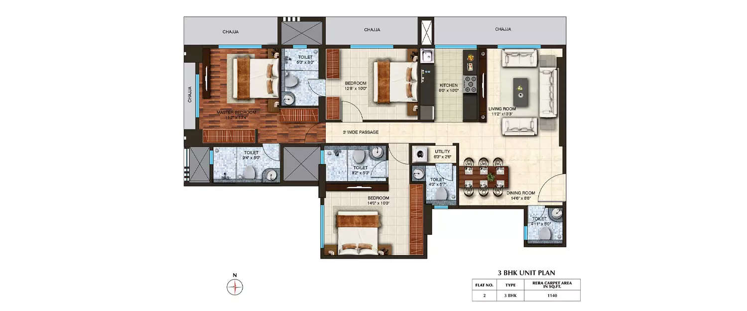 Floor plan for 3 BHK
