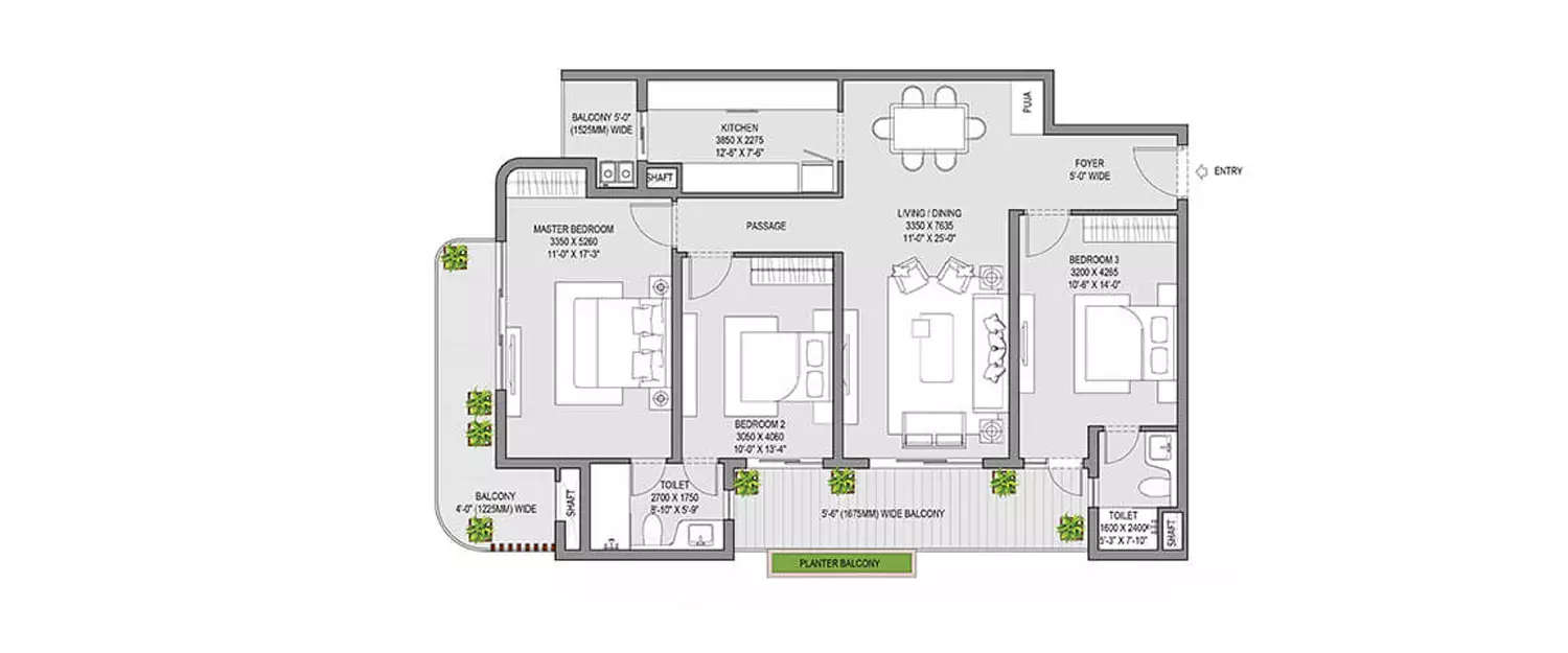 Floor plan for 3 BHK
