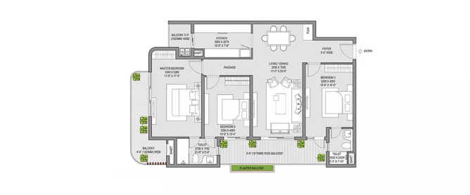 Eldeco Hanging Gardens Shaheed Nagar - Floor plan 3 BHK 1914 Sq.ft