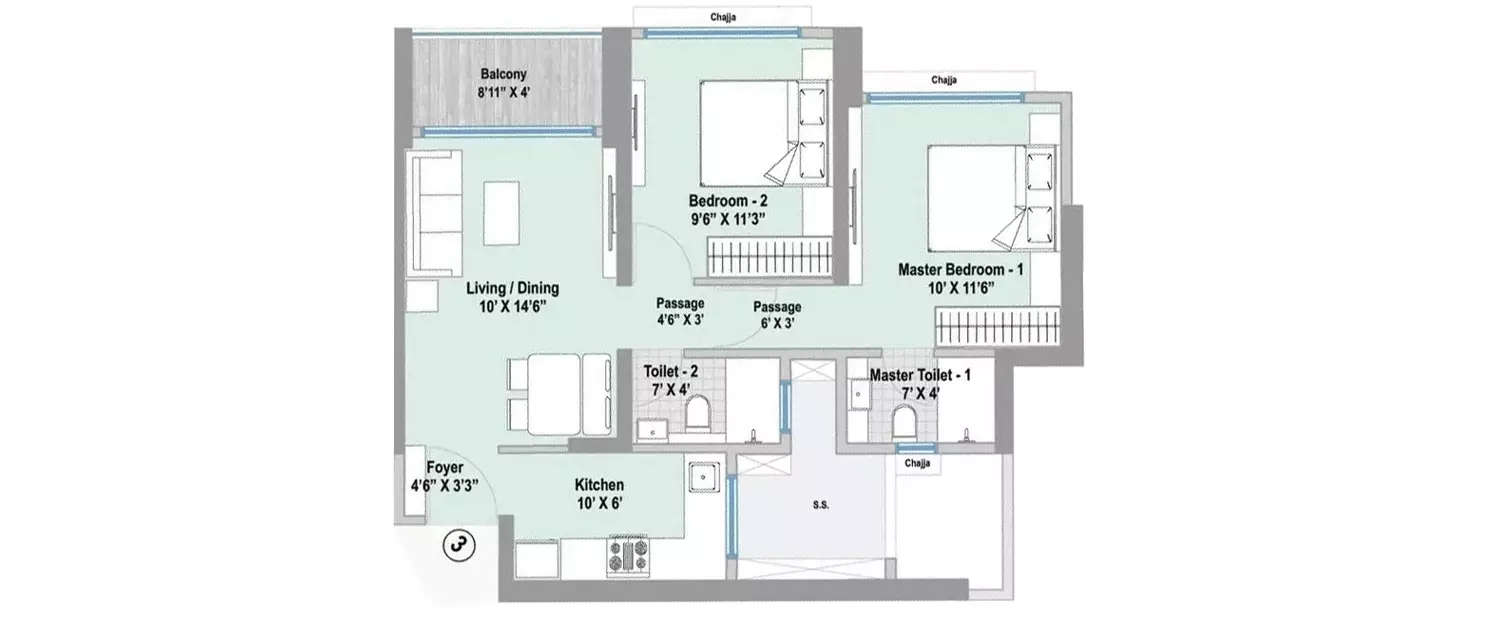 Floor plan for 2 BHK