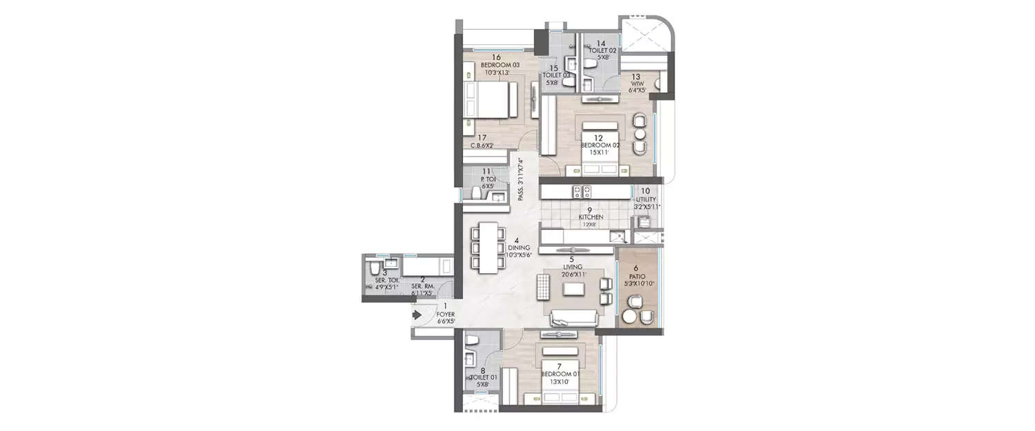 Floor plan for 3 BHK