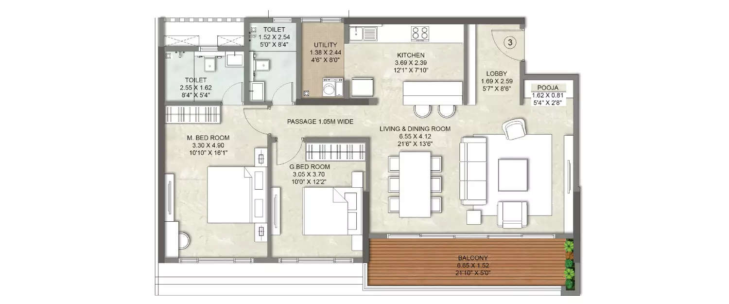 Floor plan for 2 BHK