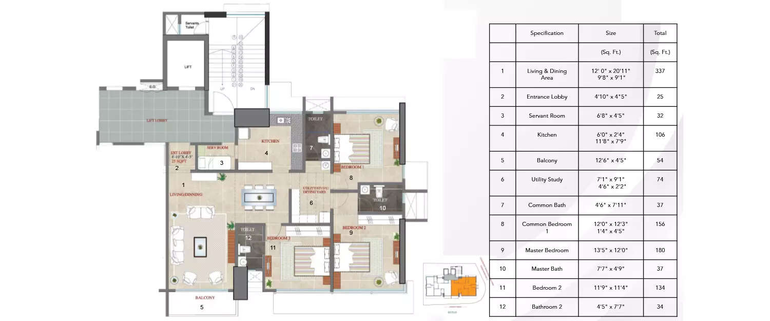 Floor plan for 3 BHK