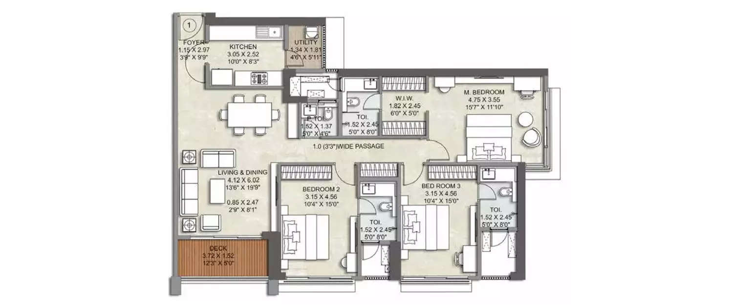 Floor plan for 3 BHK