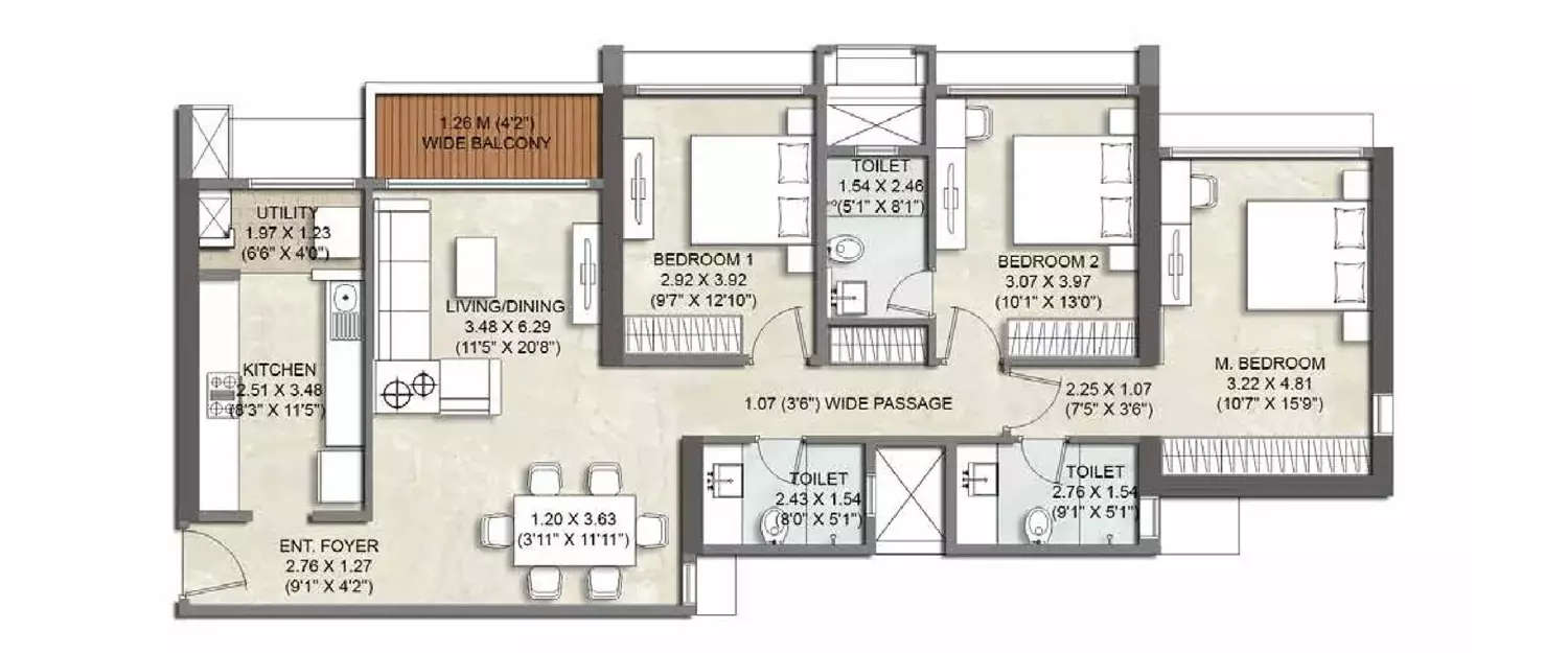 Floor plan for 3 BHK