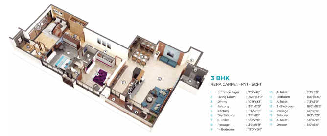Gurukrupa Alaknanda Juhu - Floor plan 3 BHK 1471 Sq.ft