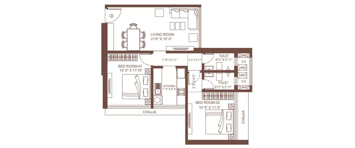Floor plan for 2 BHK