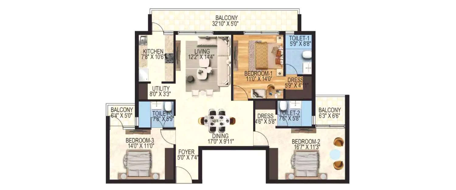 Floor plan for 3 BHK