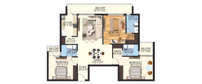 ORO Constella Sushant Golf City - Floor plan 3 BHK 1235 Sq.ft