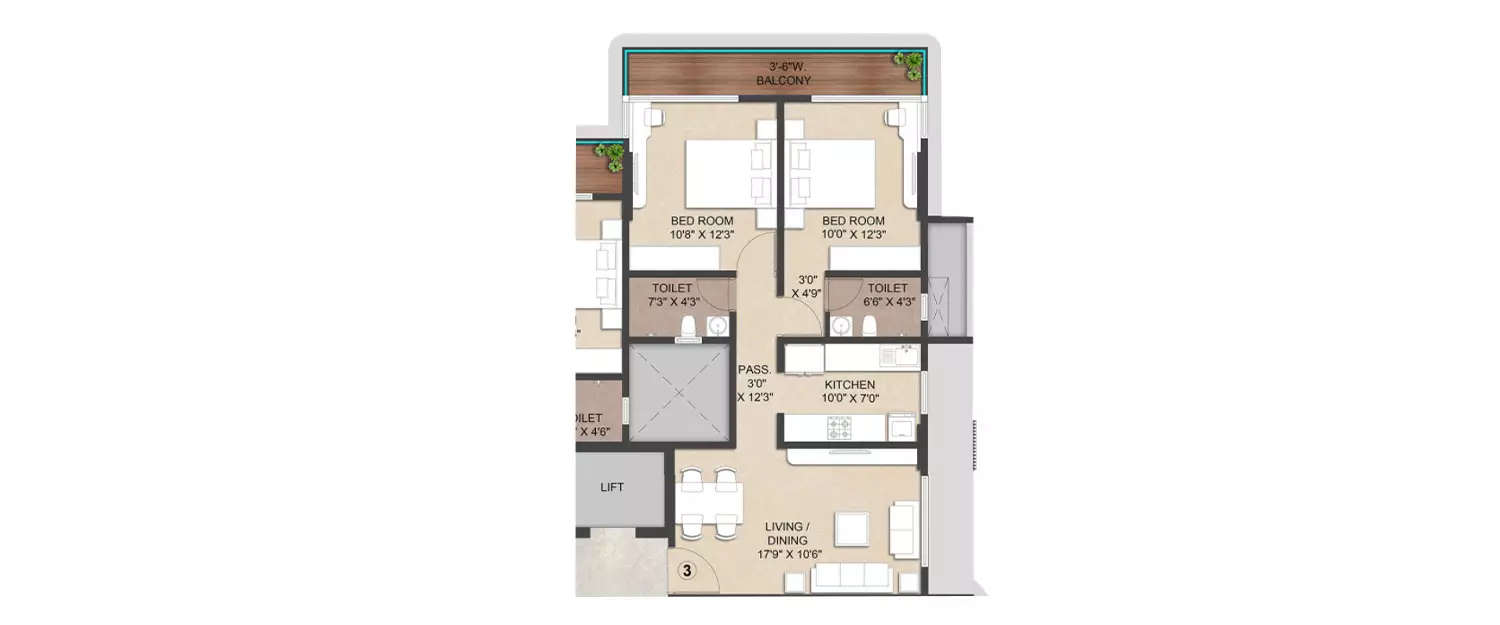 Floor plan for 2 BHK