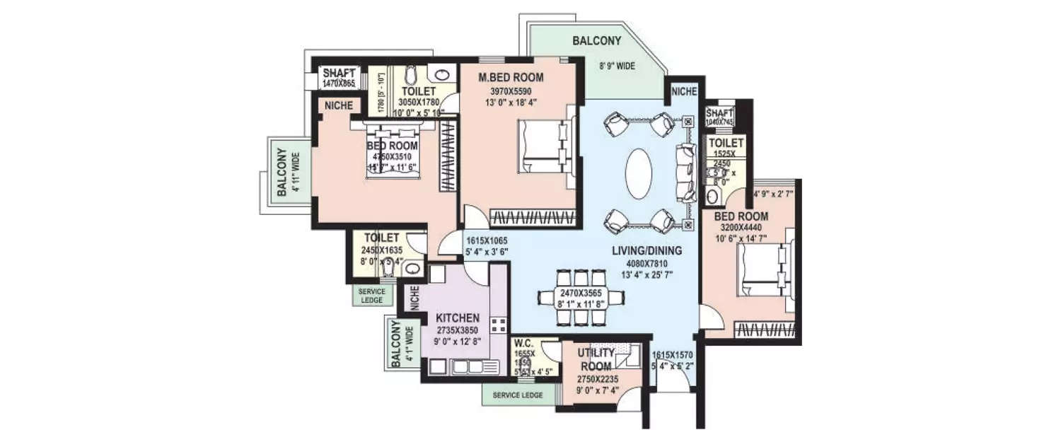 Floor plan for 3 BHK
